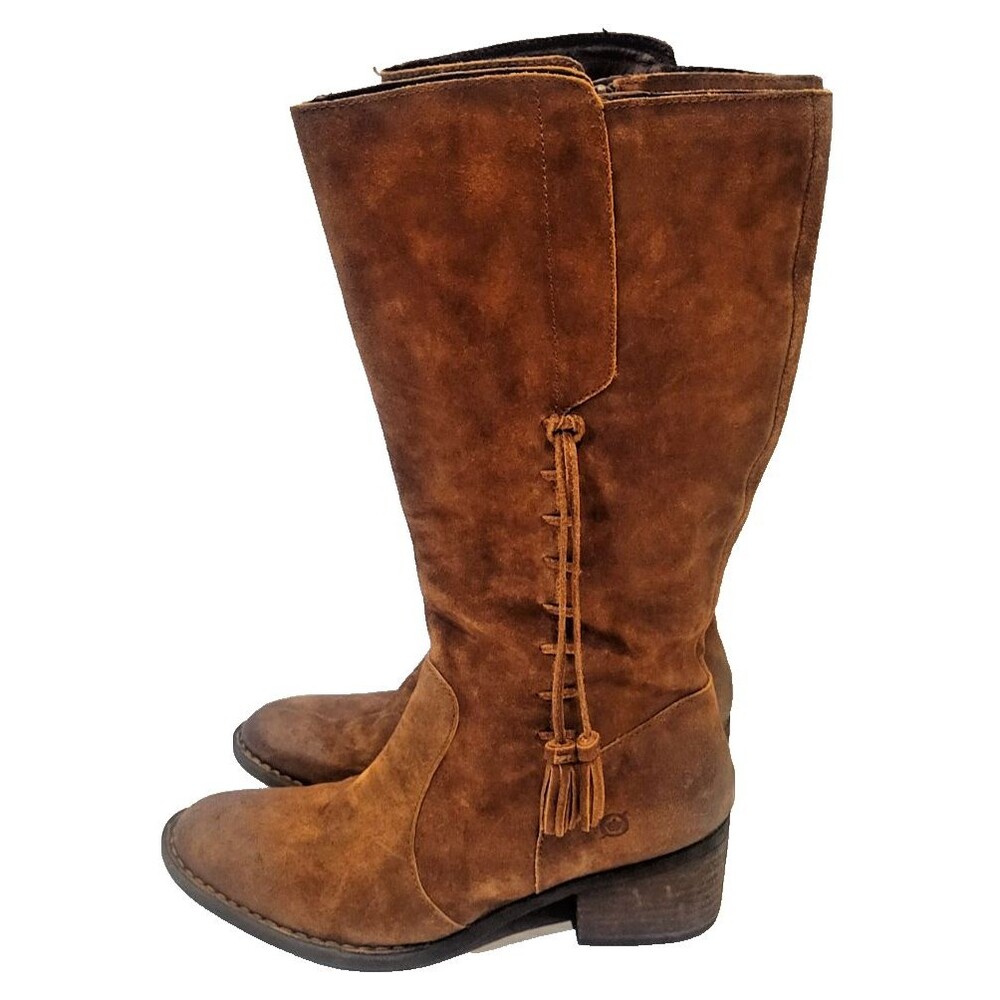 Born Beckett Boots Sz 11 Distressed Cognac Brown Suede Tall Boot Tassel Cowgirl